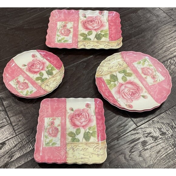 Momentum Brands Pink Rose Floral Melamine Salad Dessert Plates Tray Set Of 7 NEW - Picture 1 of 10